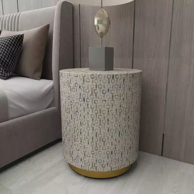 Contemporary Mother of Pearl Stool White - Olivia & May: Modern Round Accent, MDF Frame, Solid Pattern, 22.35" Seat Height