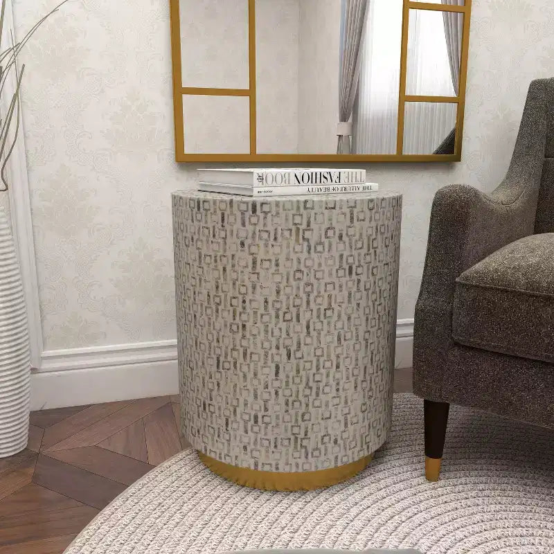 Contemporary Mother of Pearl Stool White - Olivia & May: Modern Round Accent, MDF Frame, Solid Pattern, 22.35" Seat Height