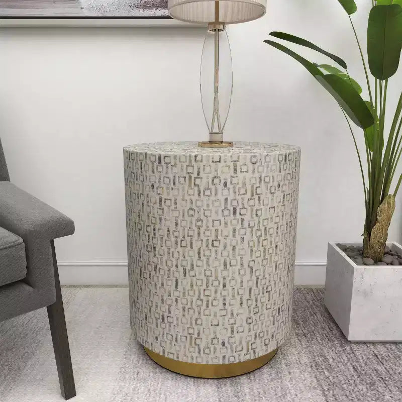 Contemporary Mother of Pearl Stool White - Olivia & May: Modern Round Accent, MDF Frame, Solid Pattern, 22.35" Seat Height