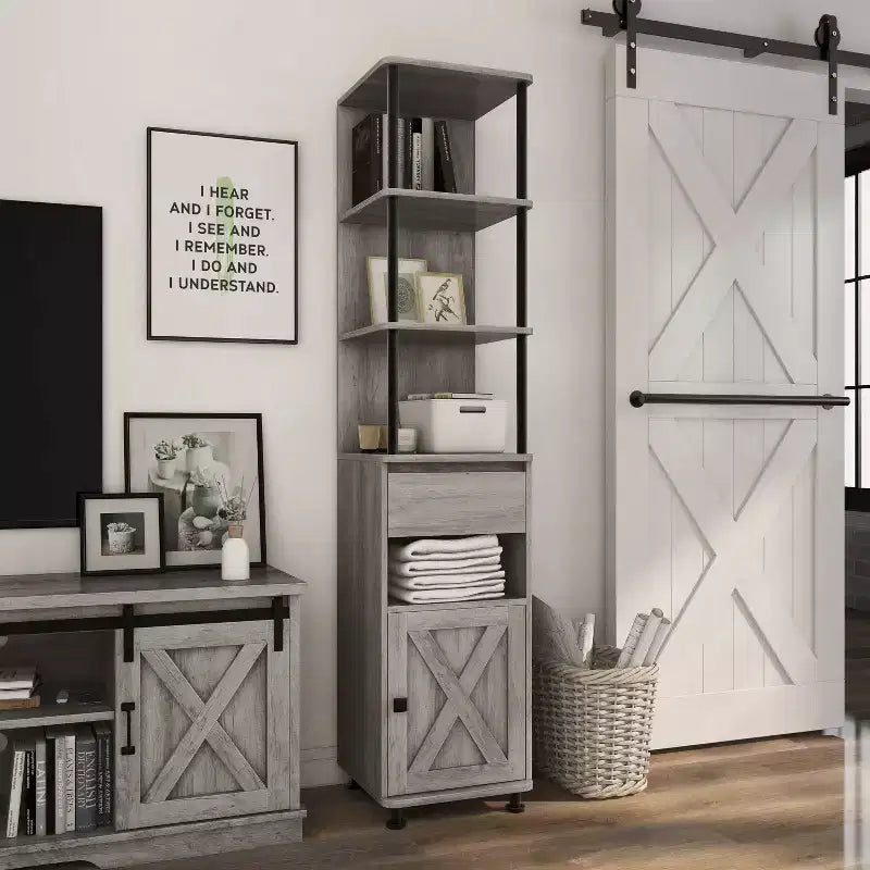 72.3" Clander Multiple Storage Bookcase: Iron Frame, Barndoor Cabinet - HOMES: Inside + Out