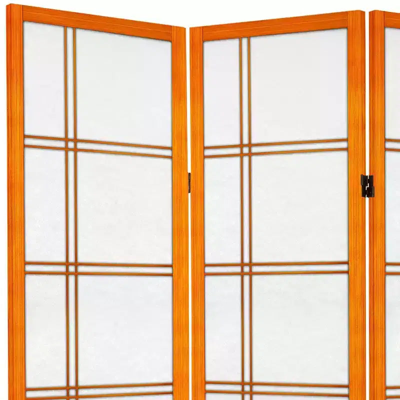 6 ft. Tall Canvas Double Cross Room Divider - Honey (4 Panels): Oriental Furniture Privacy Screen, Hardwood Frame
