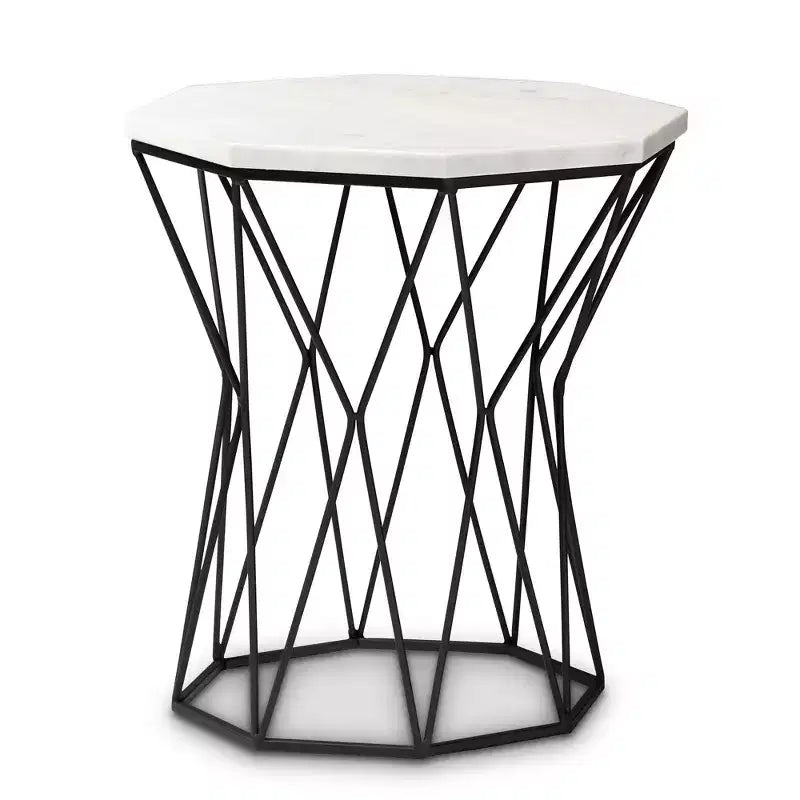 Venedict Metal End Table with Marble Tabletop Black - Baxton Studio: Rectangle Side Table for Living Room, No Assembly Required
