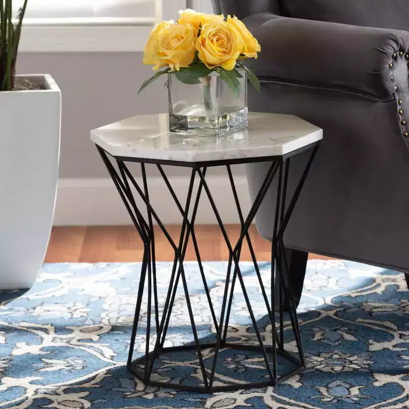 Venedict Metal End Table with Marble Tabletop Black - Baxton Studio: Rectangle Side Table for Living Room, No Assembly Required