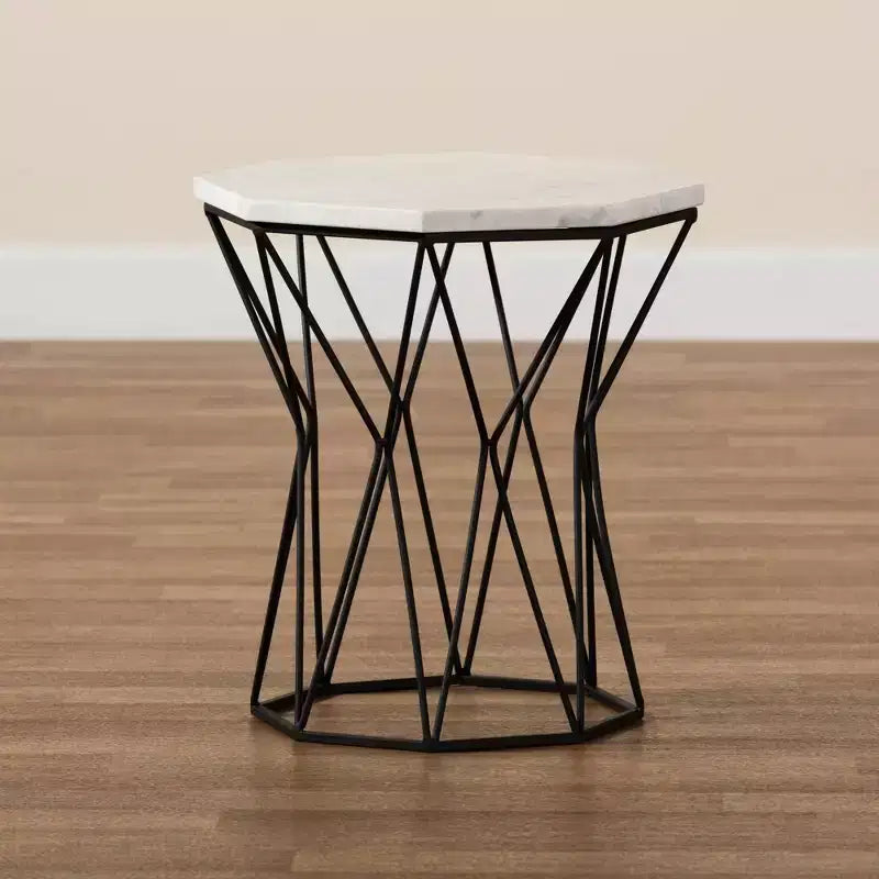Venedict Metal End Table with Marble Tabletop Black - Baxton Studio: Rectangle Side Table for Living Room, No Assembly Required