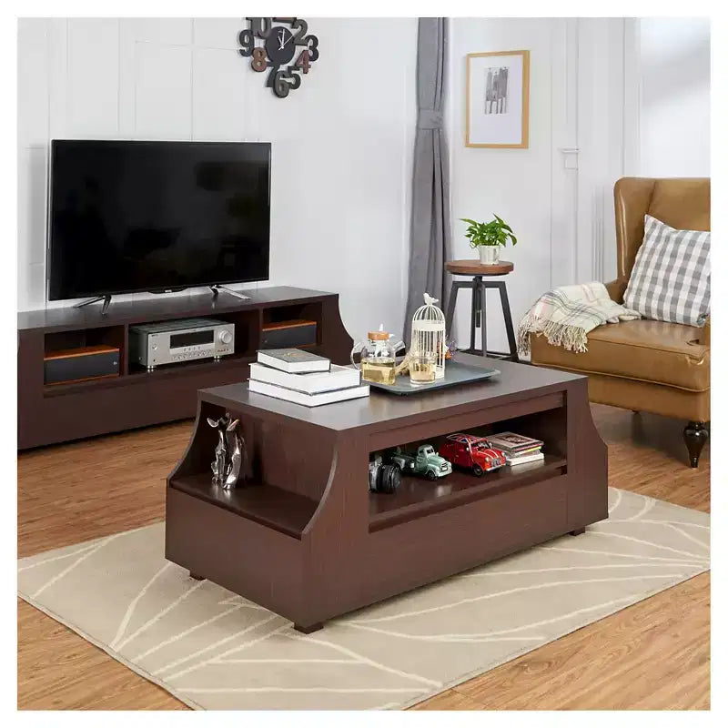 Carmona Contemporary Multi-Storage Coffee Table with Side Shelves Walnut - HOMES: Inside + Out: Curved Paneling, Hidden Drawers