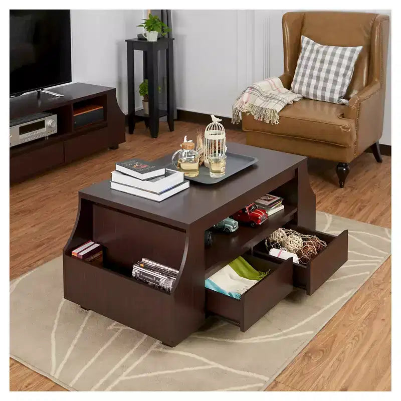 Carmona Contemporary Multi-Storage Coffee Table with Side Shelves Walnut - HOMES: Inside + Out: Curved Paneling, Hidden Drawers