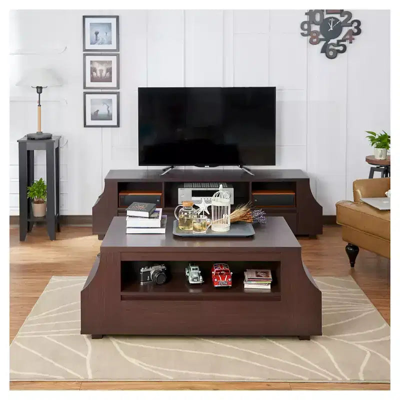 Carmona Contemporary Multi-Storage Coffee Table with Side Shelves Walnut - HOMES: Inside + Out: Curved Paneling, Hidden Drawers