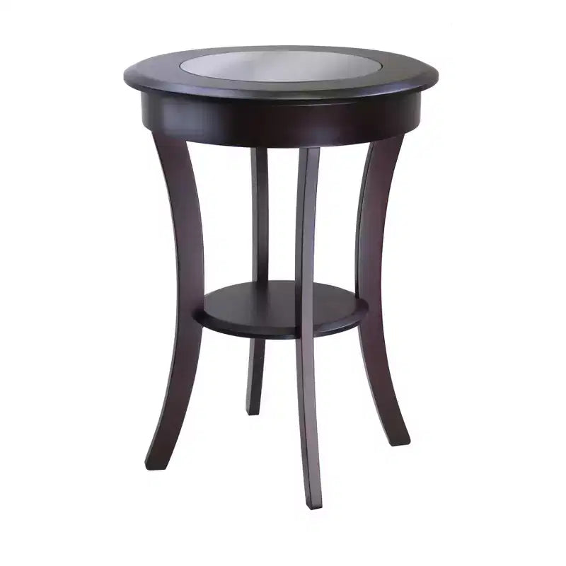 Cassie Round Accent Table with Glass - Cappuccino - Winsome: Flared Legs, Wood Composite Shelf, 27" Height