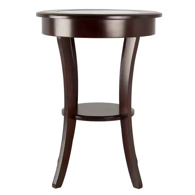 Cassie Round Accent Table with Glass - Cappuccino - Winsome: Flared Legs, Wood Composite Shelf, 27" Height