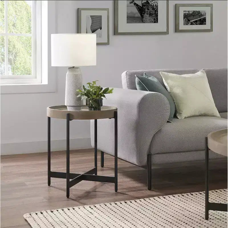 20" Brookline Round Wood with Concrete Coating End Table Concrete Gray - Alaterre Furniture: Chic Tray Top, Sturdy X-Frame
