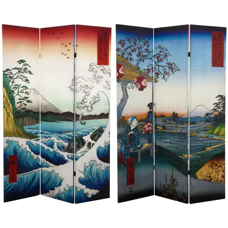 Oriental Furniture 6' Tall Double Sided Hiroshige Room Divider Sea At Satta/Teahouse : Folding Privacy Screen, Wood Composite Frame