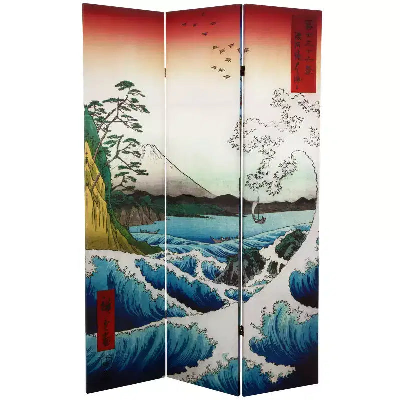 Oriental Furniture 6' Tall Double Sided Hiroshige Room Divider Sea At Satta/Teahouse : Folding Privacy Screen, Wood Composite Frame