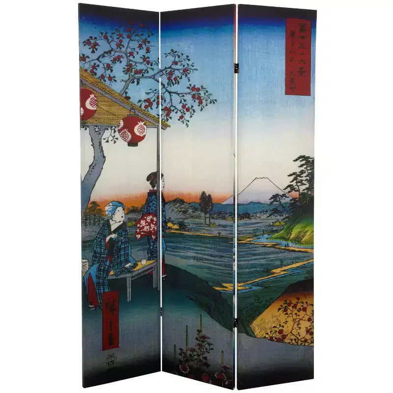 Oriental Furniture 6' Tall Double Sided Hiroshige Room Divider Sea At Satta/Teahouse : Folding Privacy Screen, Wood Composite Frame