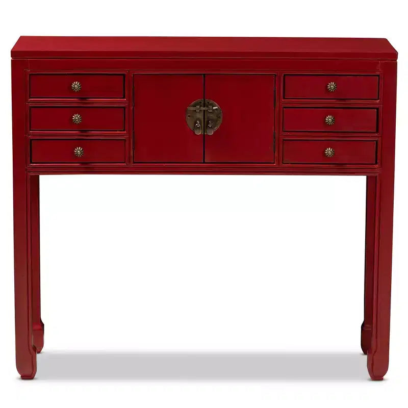 Melodie 6 Drawer Console Table Red - Baxton Studio: Antique-Inspired, Bayur Wood, Bronze Handles