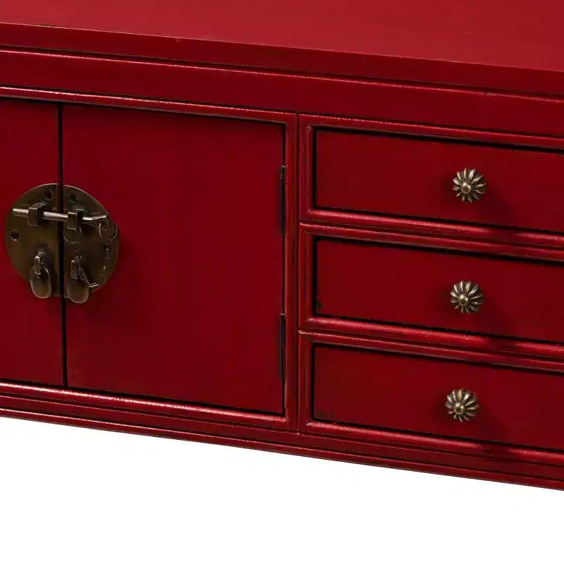 Melodie 6 Drawer Console Table Red - Baxton Studio: Antique-Inspired, Bayur Wood, Bronze Handles