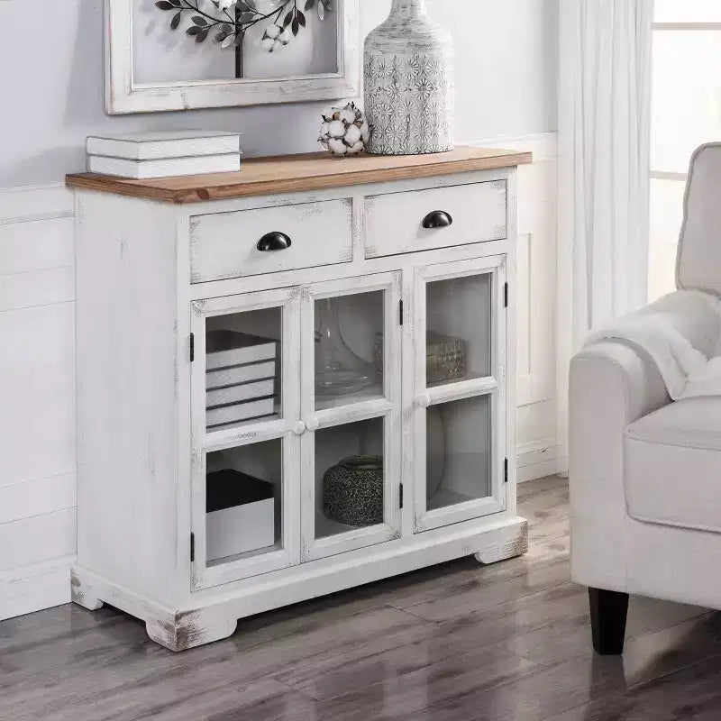 3 Door/2 Drawer Shabby Chic Window Pane Cabinet Antique White/Natural - StyleCraft: Farmhouse Style, Fixed Shelf, Wood Composite