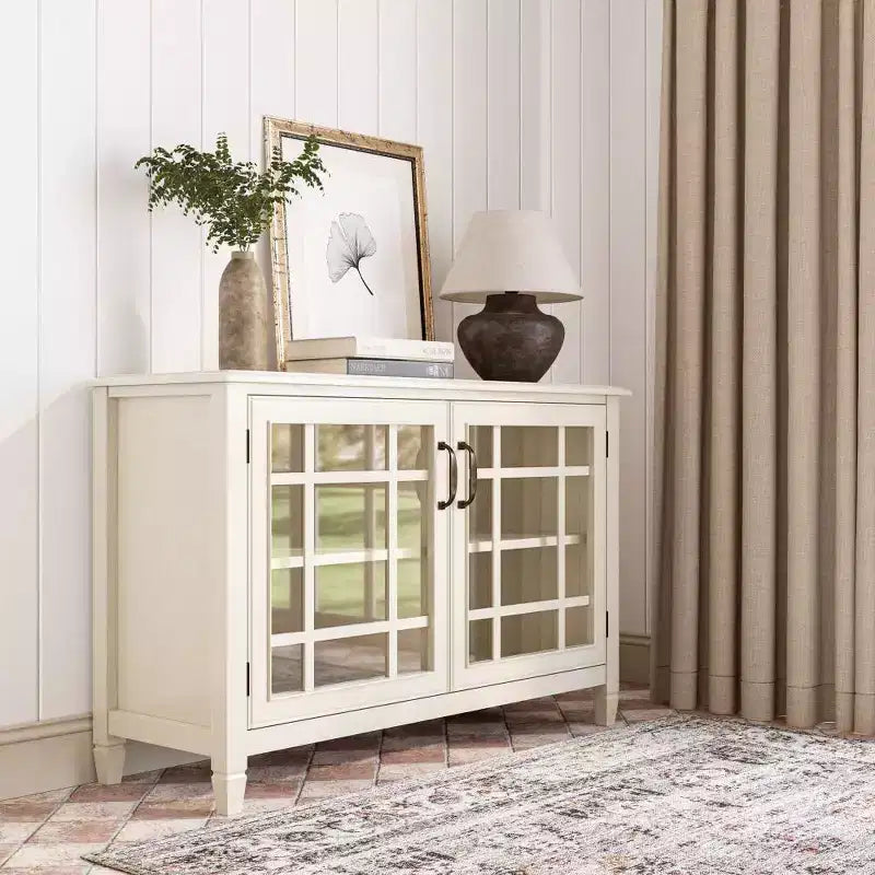 Hampshire Low Storage Cabinet Antique White - WyndenHall: Traditional Style, Adjustable Shelves, Glass Doors