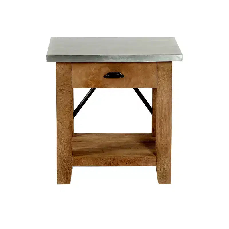 Millwork End Table with Drawer: Mid-Century Modern, Brown Hardwood Frame, Silver Metal Tabletop, 22" x 18" x 22"