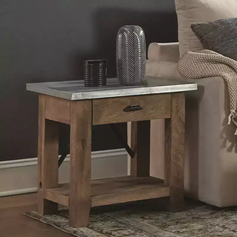 Millwork End Table with Drawer: Mid-Century Modern, Brown Hardwood Frame, Silver Metal Tabletop, 22" x 18" x 22"