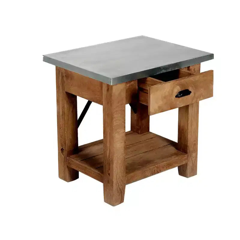 Millwork End Table with Drawer: Mid-Century Modern, Brown Hardwood Frame, Silver Metal Tabletop, 22" x 18" x 22"