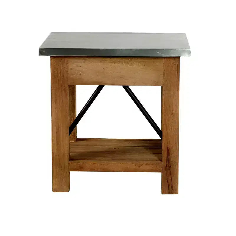 Millwork End Table with Drawer: Mid-Century Modern, Brown Hardwood Frame, Silver Metal Tabletop, 22" x 18" x 22"