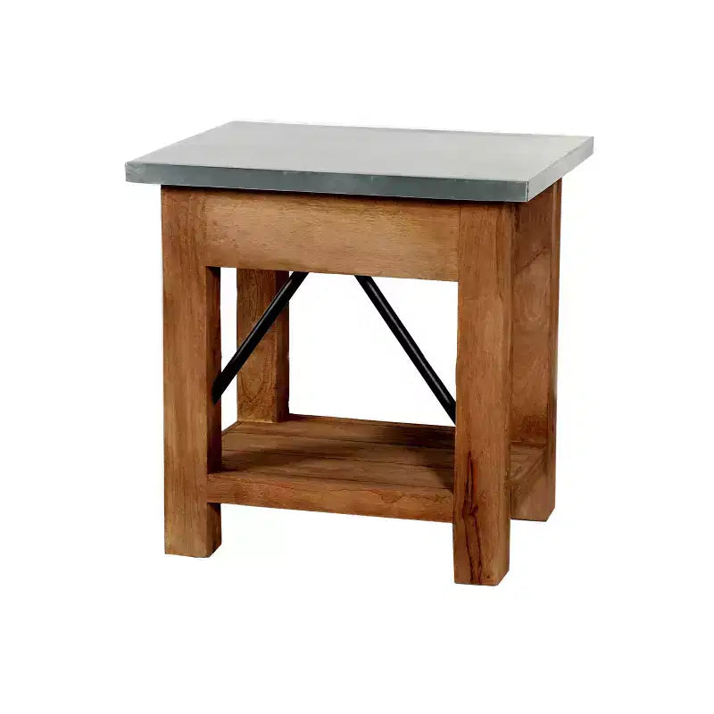 Millwork End Table with Drawer: Mid-Century Modern, Brown Hardwood Frame, Silver Metal Tabletop, 22" x 18" x 22"