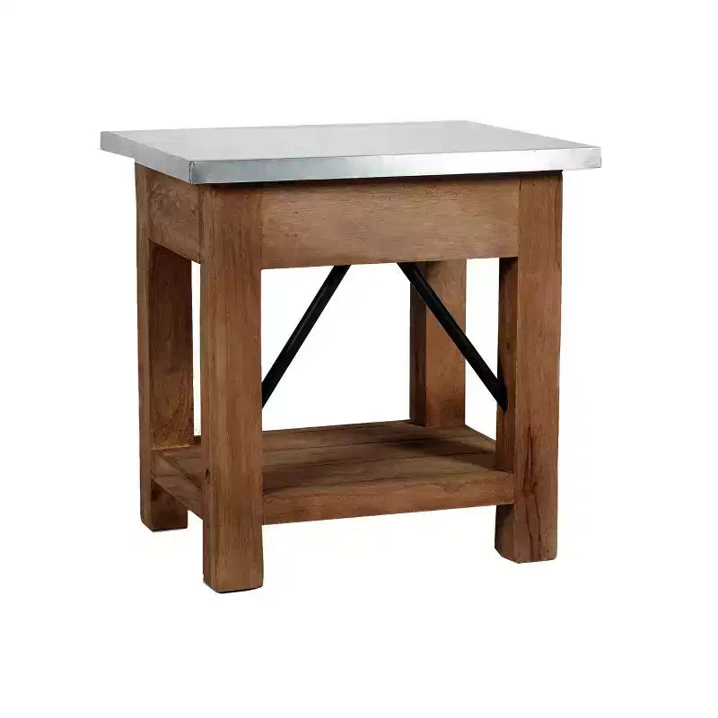 Millwork End Table with Drawer: Mid-Century Modern, Brown Hardwood Frame, Silver Metal Tabletop, 22" x 18" x 22"