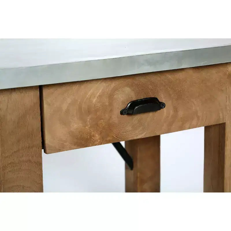 Millwork End Table with Drawer: Mid-Century Modern, Brown Hardwood Frame, Silver Metal Tabletop, 22" x 18" x 22"