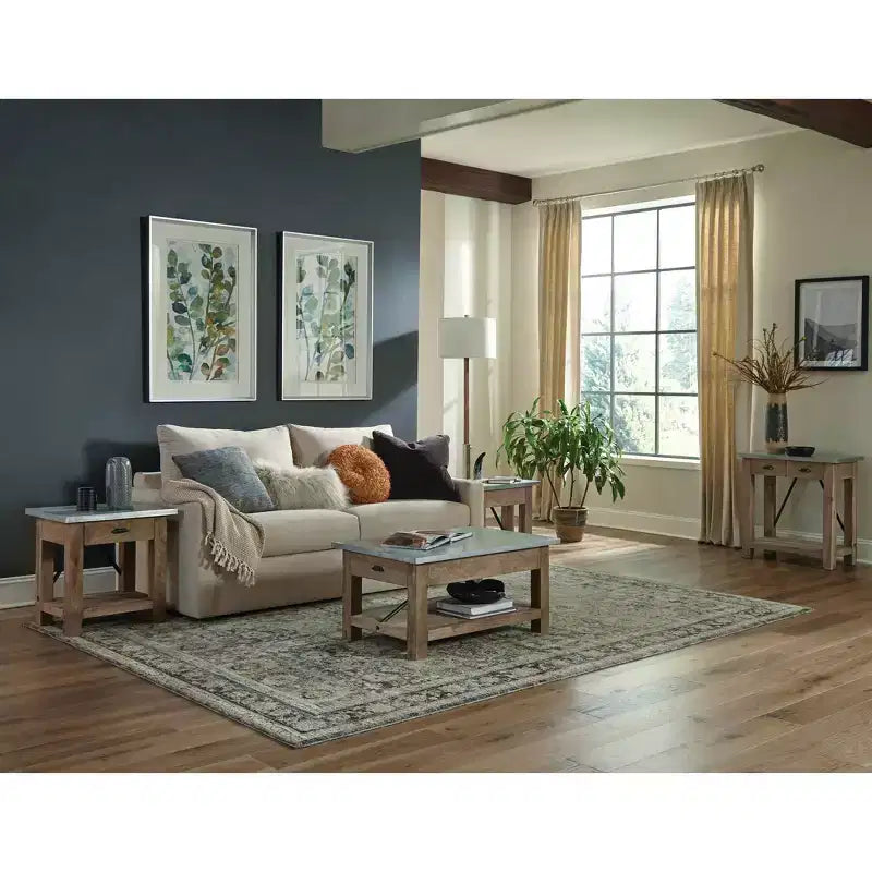Millwork End Table with Drawer: Mid-Century Modern, Brown Hardwood Frame, Silver Metal Tabletop, 22" x 18" x 22"