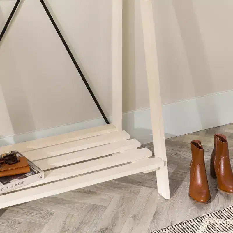 68" Solid Wood X Back Angled Hall Tree White Wash - Saracina Home: Pine Construction, Metal Hooks, Slatted Shelf