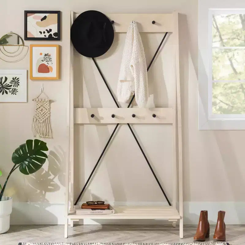 68" Solid Wood X Back Angled Hall Tree White Wash - Saracina Home: Pine Construction, Metal Hooks, Slatted Shelf