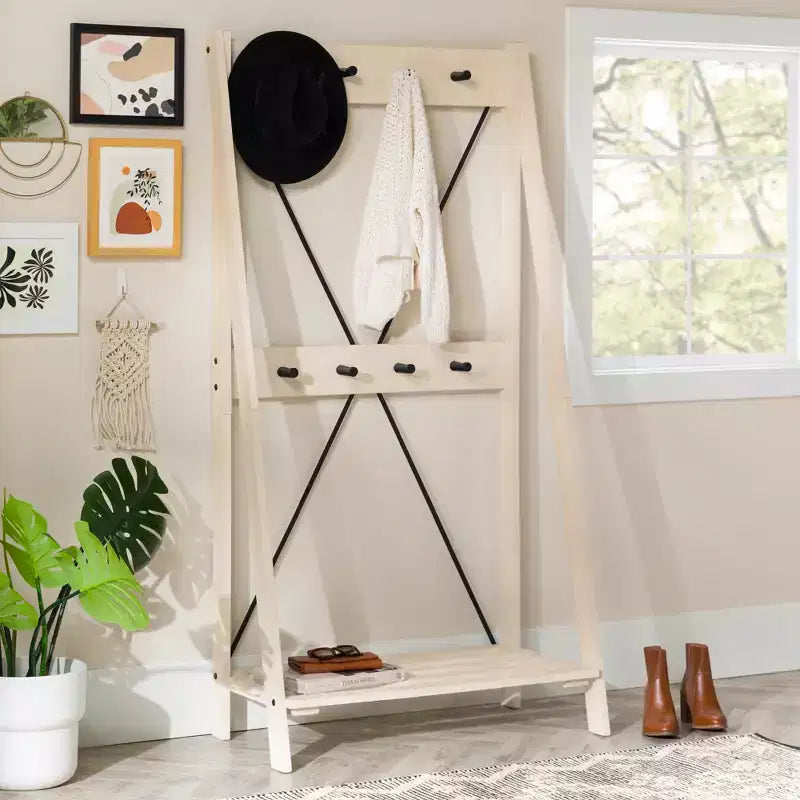 68" Solid Wood X Back Angled Hall Tree White Wash - Saracina Home: Pine Construction, Metal Hooks, Slatted Shelf