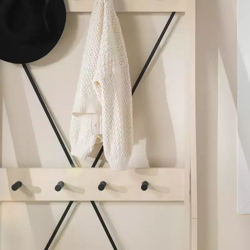 68" Solid Wood X Back Angled Hall Tree White Wash - Saracina Home: Pine Construction, Metal Hooks, Slatted Shelf