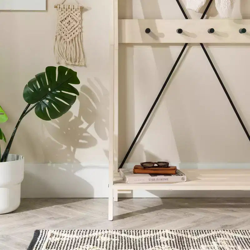 68" Solid Wood X Back Angled Hall Tree White Wash - Saracina Home: Pine Construction, Metal Hooks, Slatted Shelf