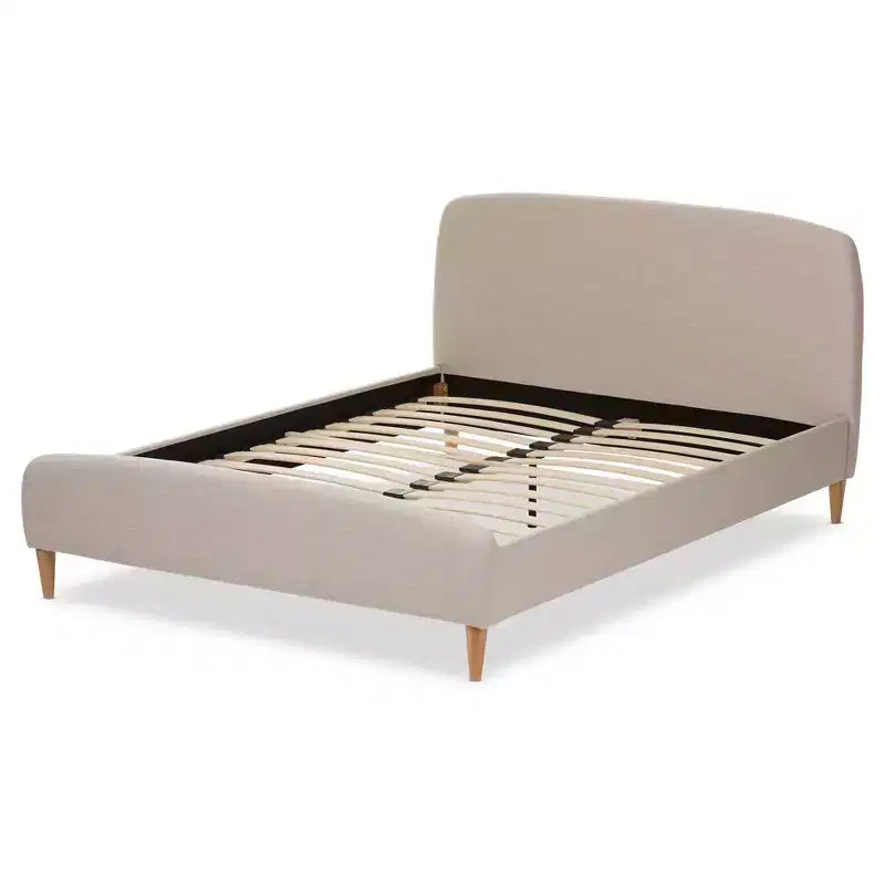 Baxton Studio Full Mia Mid Century Fabric Upholstered Platform Bed Light Beige: Rubberwood & MDF Construction, No Box Spring Needed