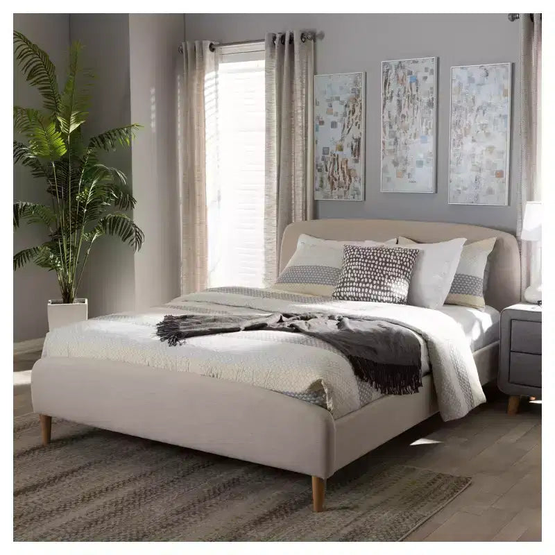 Baxton Studio Full Mia Mid Century Fabric Upholstered Platform Bed Light Beige: Rubberwood & MDF Construction, No Box Spring Needed