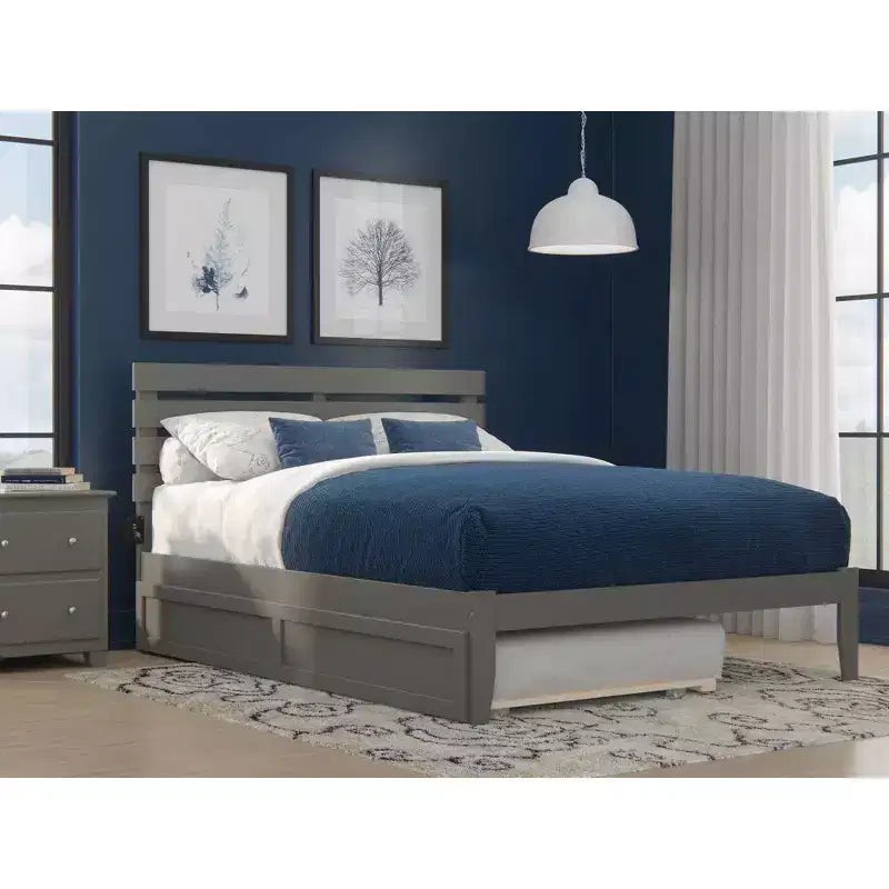 Queen Oxford Bed with USB Turbo Charger and XL Trundle Gray - AFI: Solid Hardwood, No Box Spring Needed, Mid-Century Design