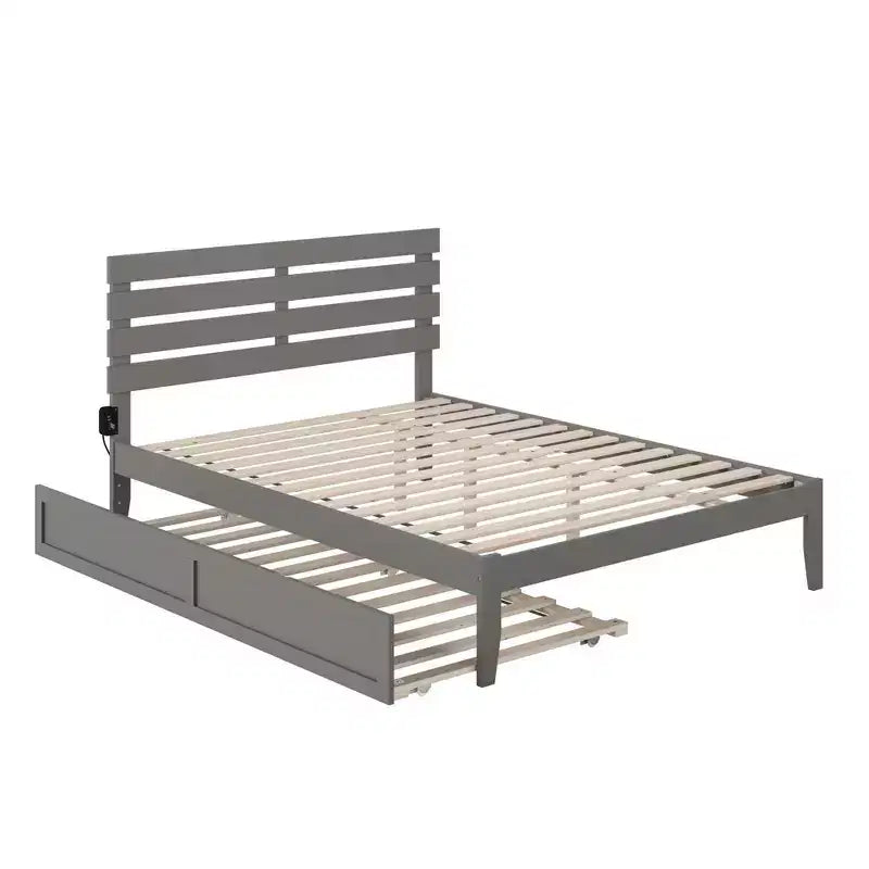 Queen Oxford Bed with USB Turbo Charger and XL Trundle Gray - AFI: Solid Hardwood, No Box Spring Needed, Mid-Century Design