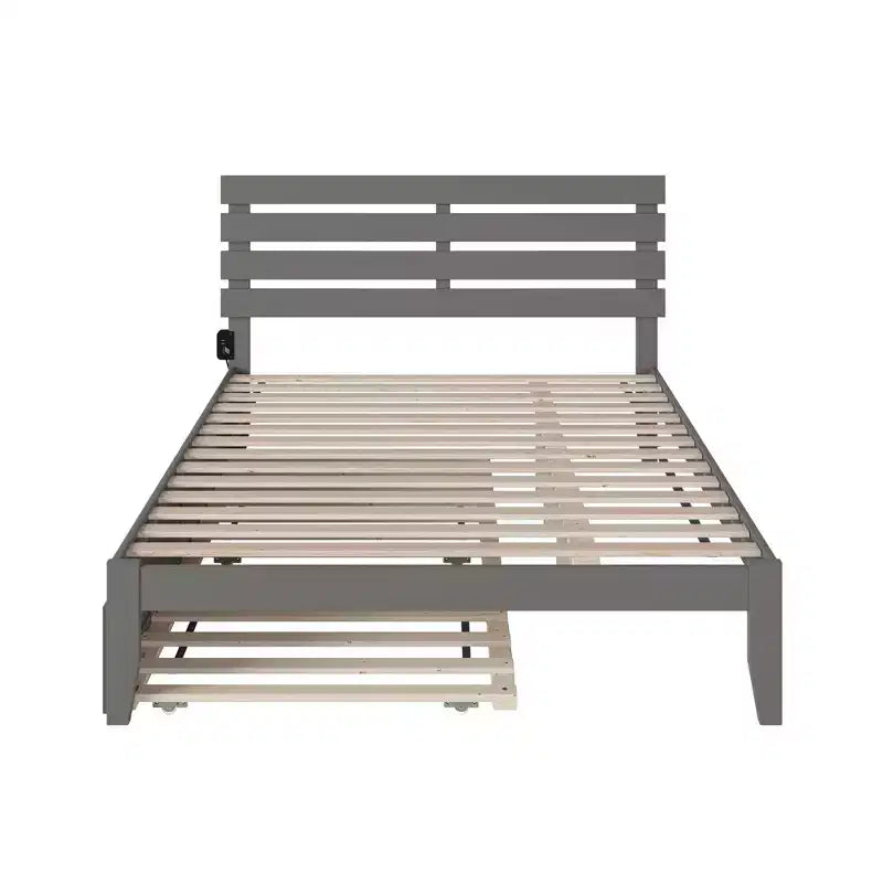 Queen Oxford Bed with USB Turbo Charger and XL Trundle Gray - AFI: Solid Hardwood, No Box Spring Needed, Mid-Century Design