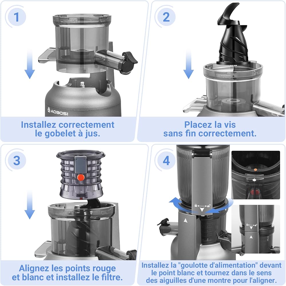Extracteur de jus AOBOSI 250W-Extracteur de jus de fruits et légumes avec un diamètre de 103MM et 2 filtres sans métal-1.2L Extracteur jus avec 2 brevets et 40 minutes de protection thermique, Gris. : Cuisine et Maison