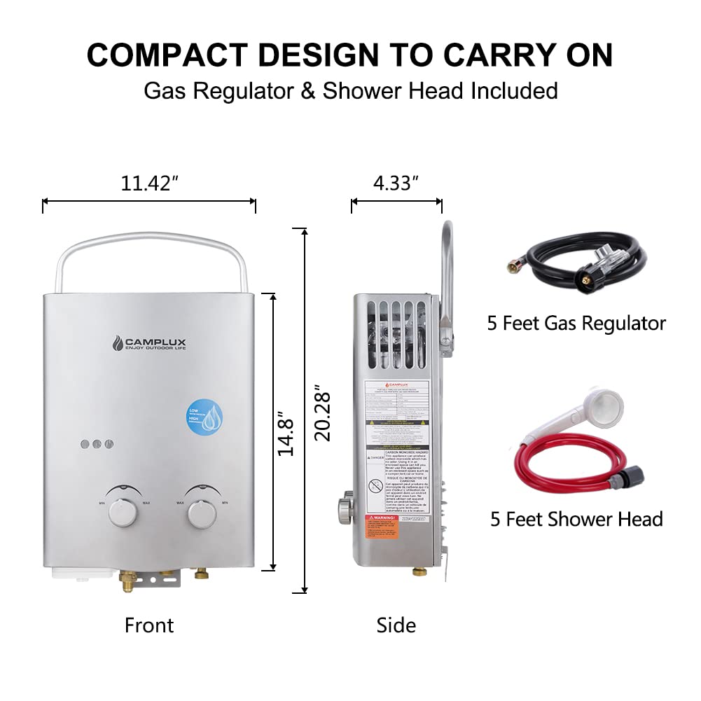 Small Portable Propane Water Heater, Camplux 1.32 GPM Outdoor Tankless Gas Water Heaters for Camping, 5L, Gray