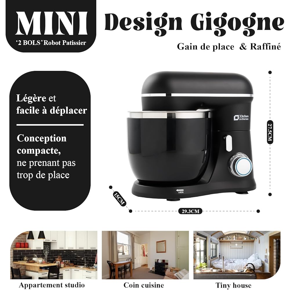 Kitchen in the Box Robot Pâtissier, 3.5L avec Deux Bols, Compact et Léger, 10 Vitesses avec Fonction Pulse, Finition Mate, Fouet, Crochet Pétrisseur et Batteur, Noir : Cuisine et Maison