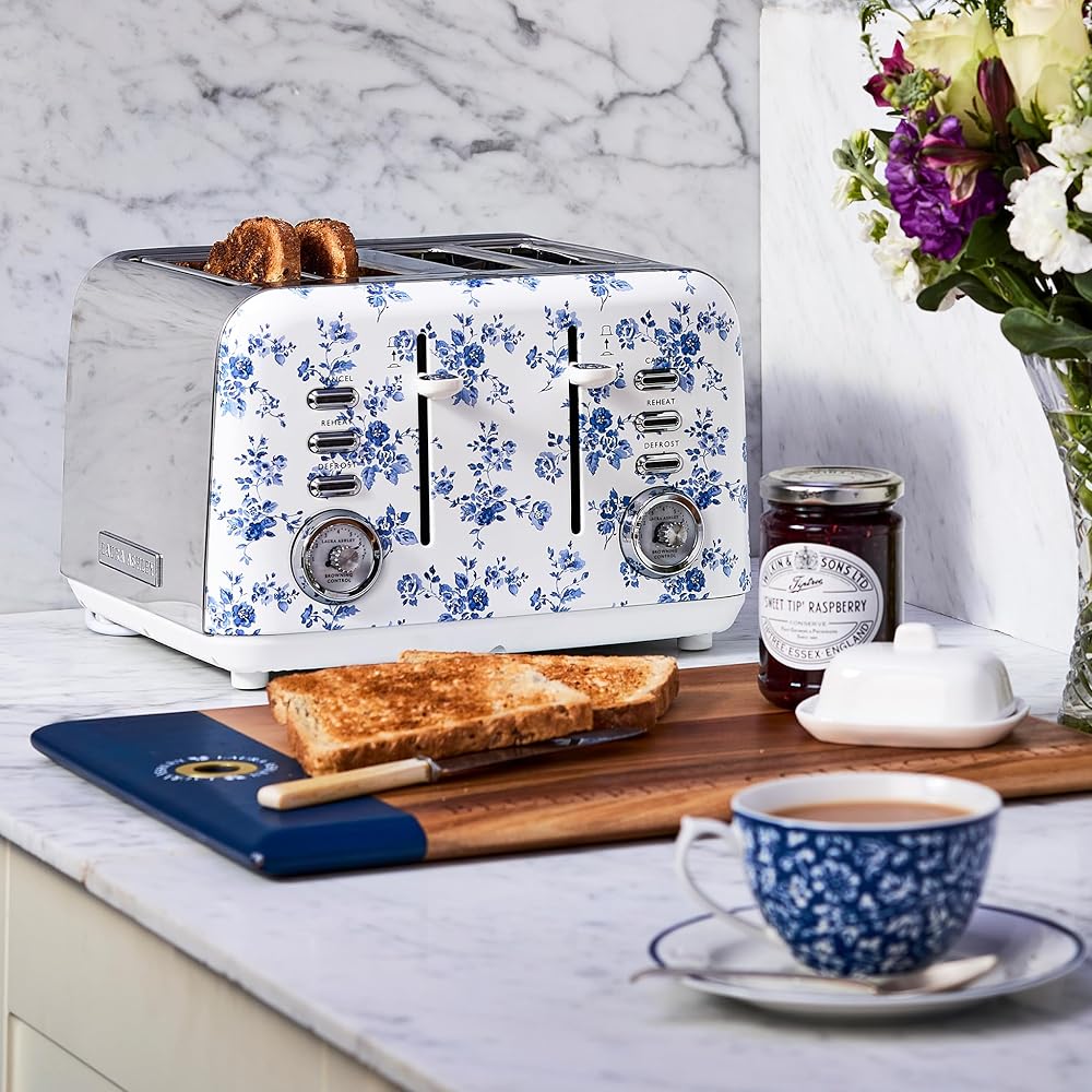 VQ Laura Ashley Grille-Pains 4 Tranches avec Modes de Chauffage, Décongélation et Réchauffage Réglables - Inox Grille Pain Vintage avec un Support de Réchauffage Pour Croissants - China Rose : Cuisine et Maison