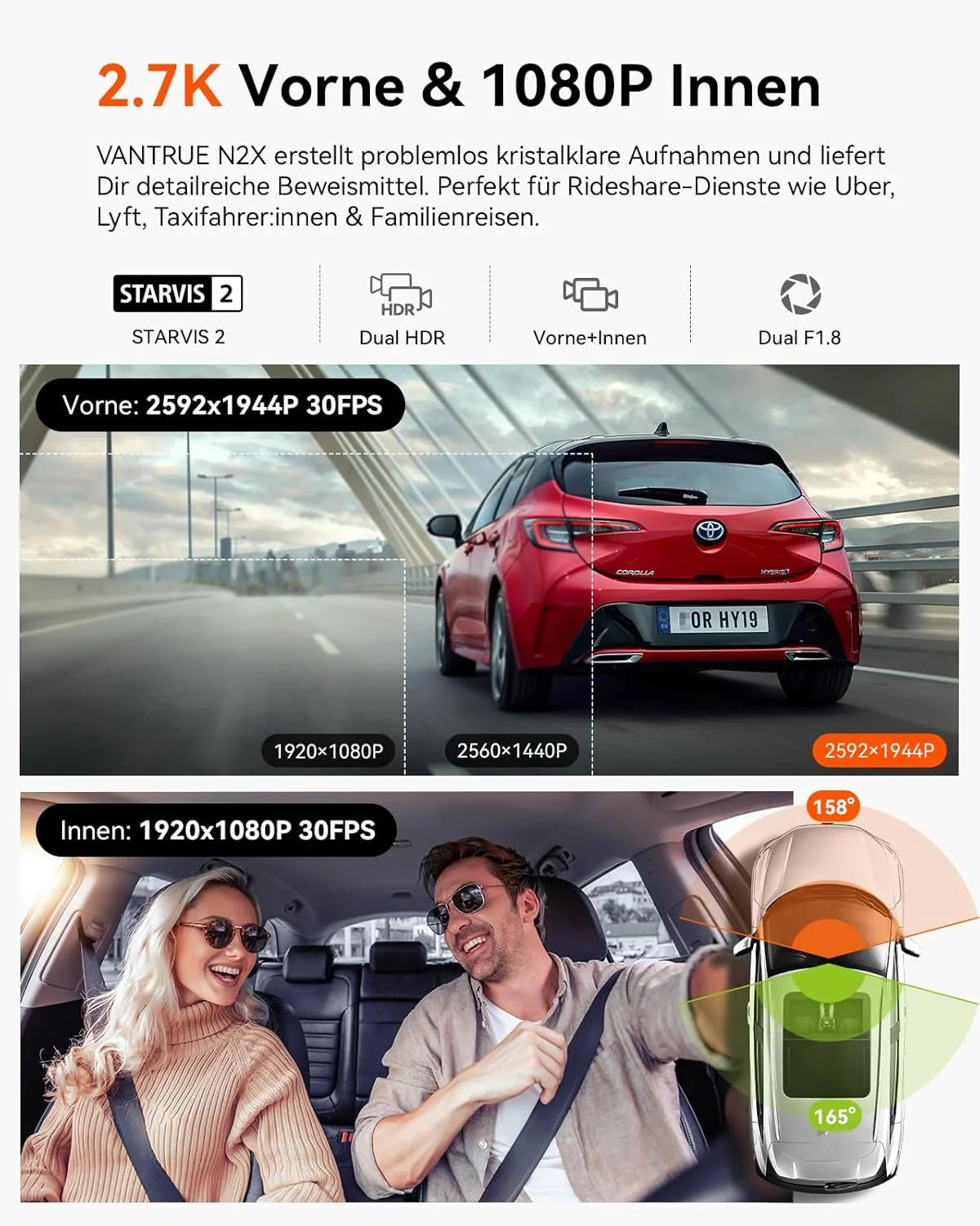 N2X 2.7K 1080P Dashcam Voiture Avant Intérieur, Support LTE, 5GHz WiFi GPS, APP & Commande Vocale