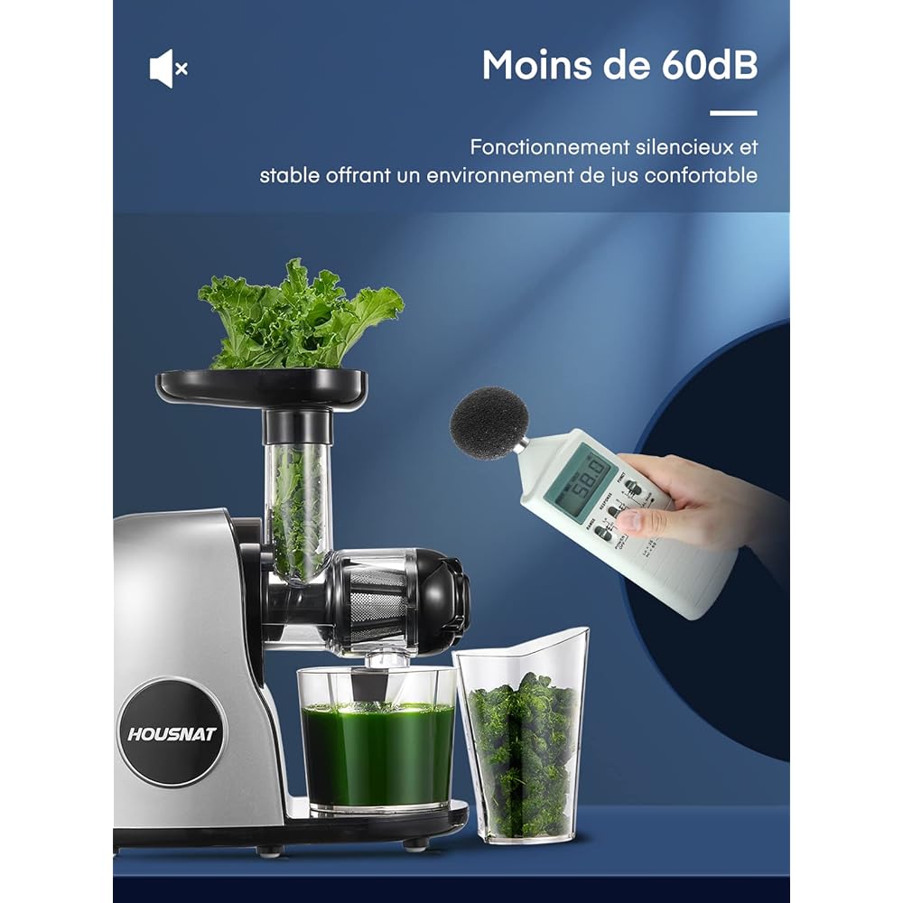 Housnat Extracteur de Jus de Fruits et Légumes, Extracteur Jus avec moteur silencieux, Slow Juicer Nutriments Maximaux - 90% Jus Pureté, Extracteur jus de Fruits et Légumes, Fonction Inverse : Cuisine et Maison