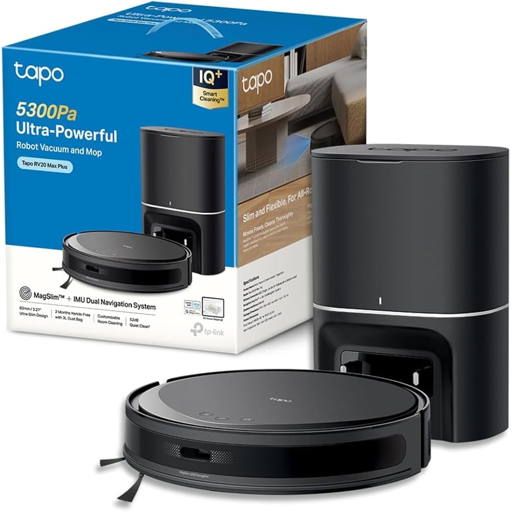 Tapo Aspirateur Robot Laveur 2 en 1 RV20Max Plus, Vidage Automatique, Silencieux Ultra Fin, Ultra puissante de 5300Pa, Navigation LiDAR, Auto-Charge Autonomie 180min, Tapis et Poils d'animaux : Cuisine et Maison