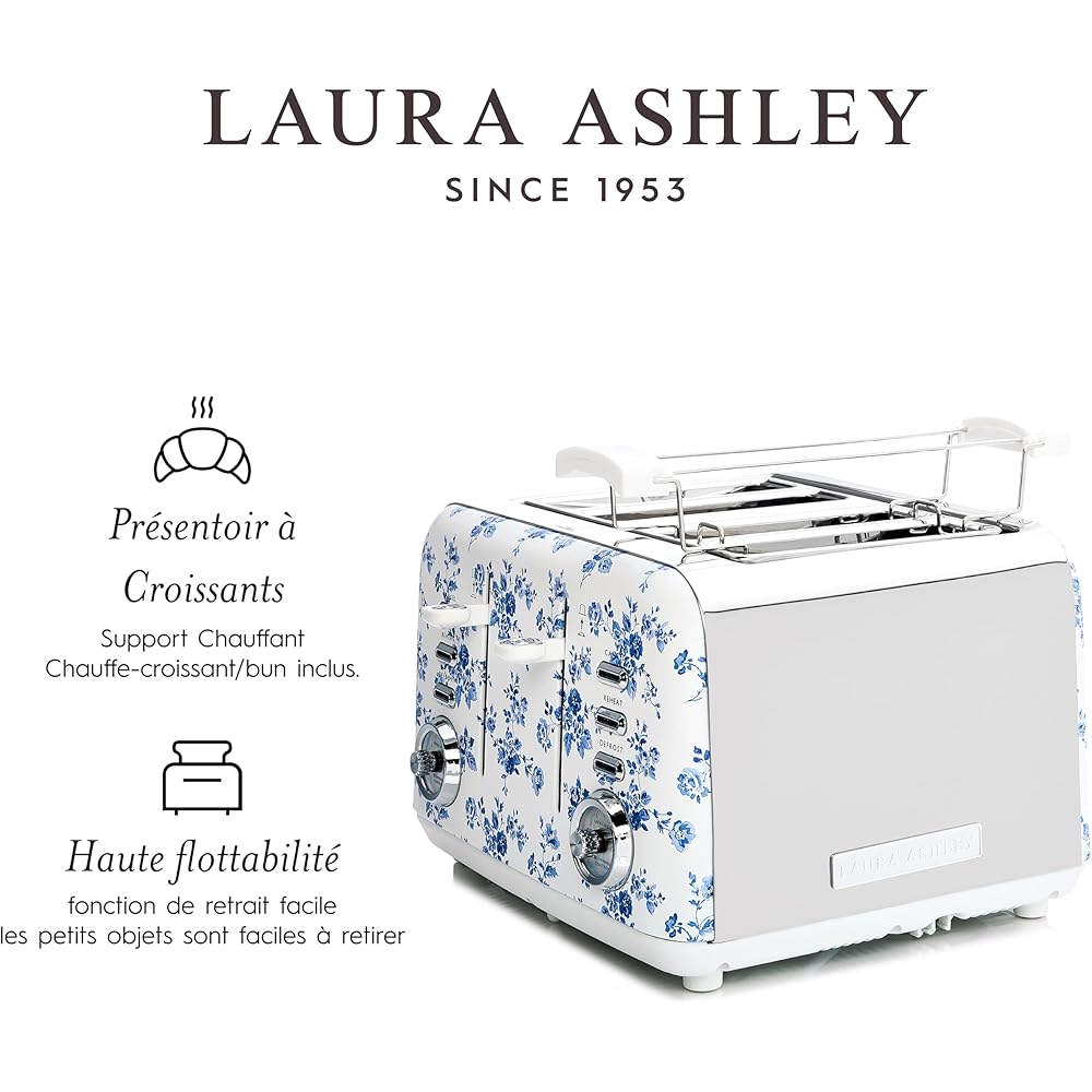 VQ Laura Ashley Grille-Pains 4 Tranches avec Modes de Chauffage, Décongélation et Réchauffage Réglables - Inox Grille Pain Vintage avec un Support de Réchauffage Pour Croissants - China Rose : Cuisine et Maison