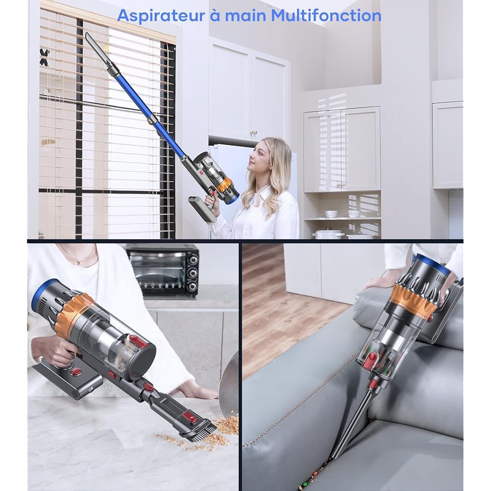 MIBODE Aspirateur Balai sans Fil, 550W/45Kpa/70Mins Aspirateur sans Fil avec écran Intelligent, Aspirateur Balai avec Mode Automatique et Brosse Anti-emmêlement pour Tapis, Sols Durs, Poils d'animaux : Cuisine et Maison