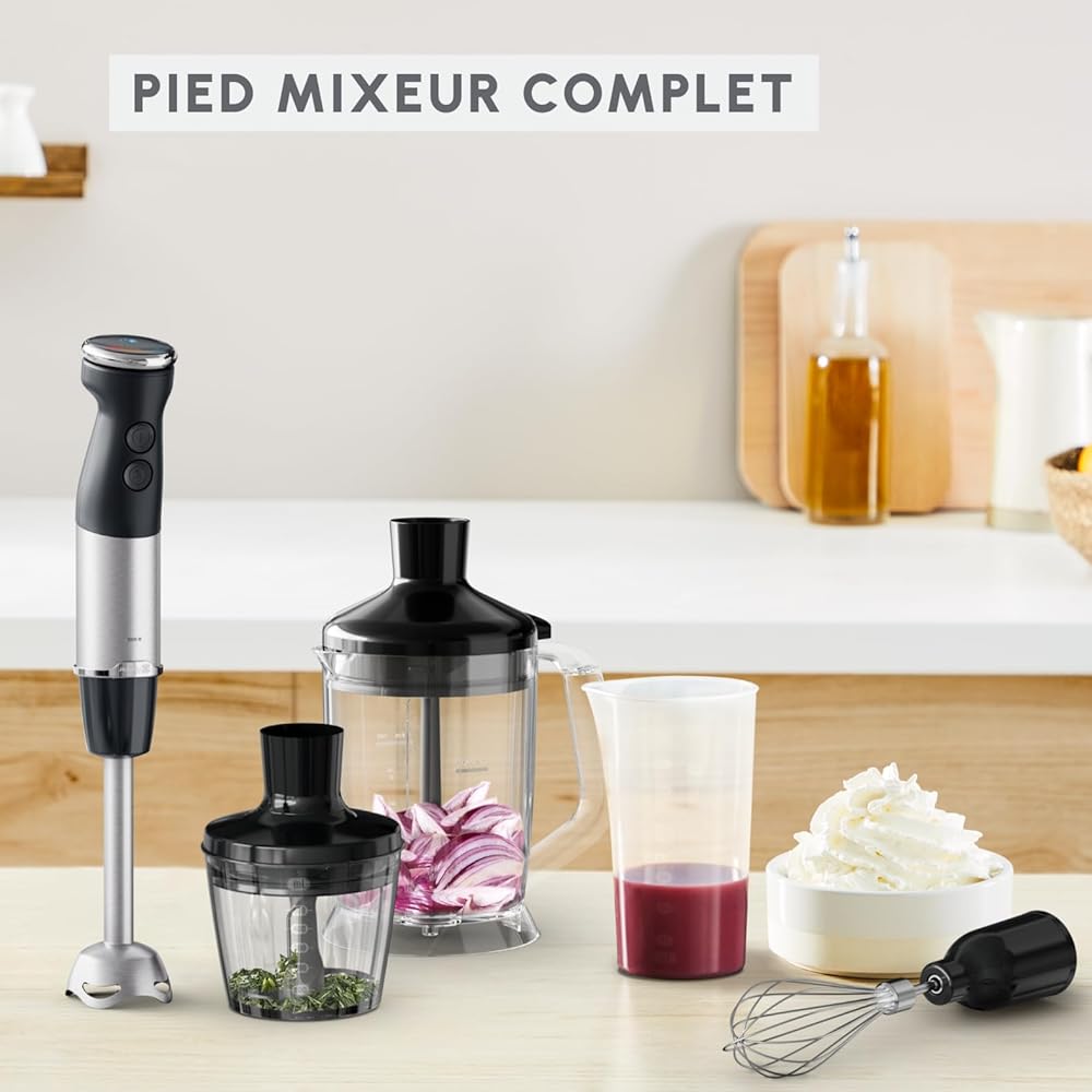 Moulinex Quickchef+ Pied Mixeur, 1000 W, Silencieux, 20 vitesses, Mode turbo, Accessoires hachoir compact, Hachoir mixeur XL, Fouet DD67L810, Noir : Cuisine et Maison