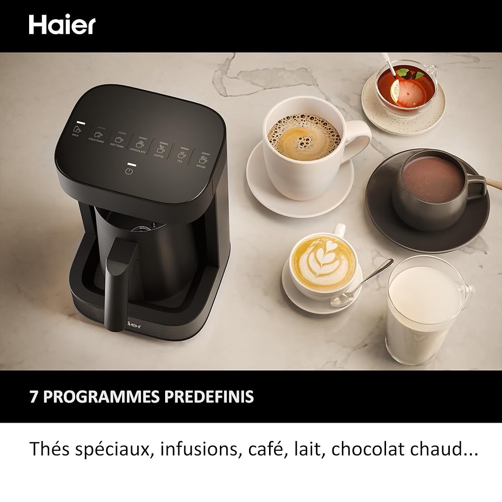 Haier I-Master Série 5 Préparateur de Boissons Chaudes et Mousseur Multi-Boissons, Programmes Lait, Café, Chocolat Chaud, Thé et Infusions, 350ml [Noir] : Cuisine et Maison